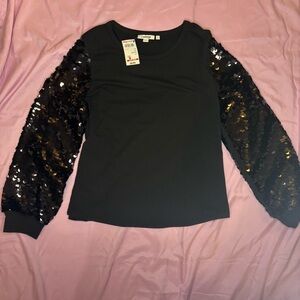 Chico's Black Top with Sequin Sleeves